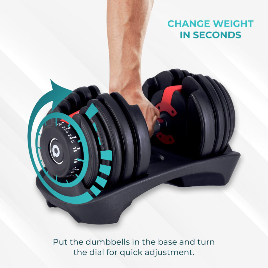 Hand grabbing 24kg Adjustable Dumbbells and text describing weight plates