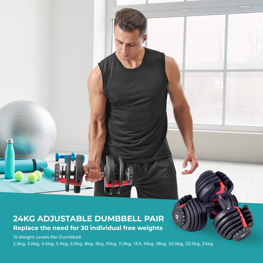 Man holding Adjustable 24kg Adjustable Dumbbell in home gym and multiple weight options listed below