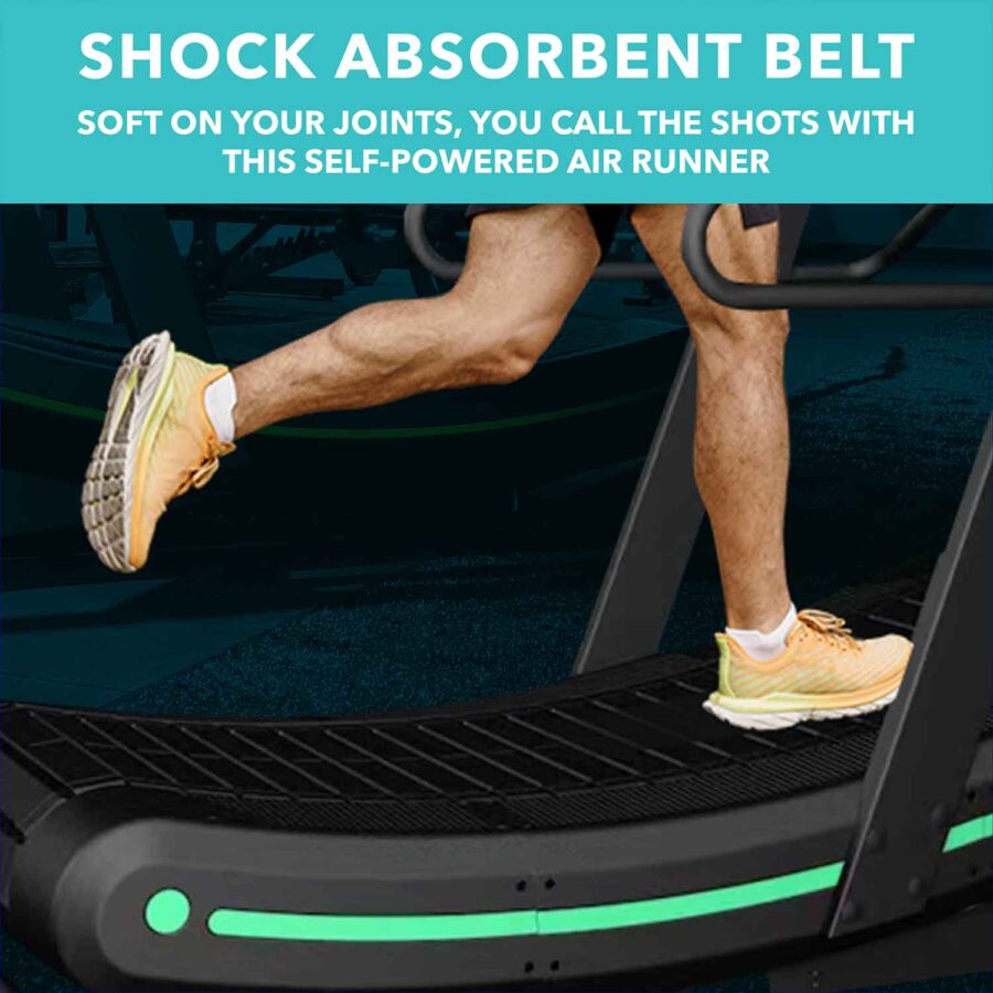 Man Running on Curved Treadmill Air Runner with descriptive text