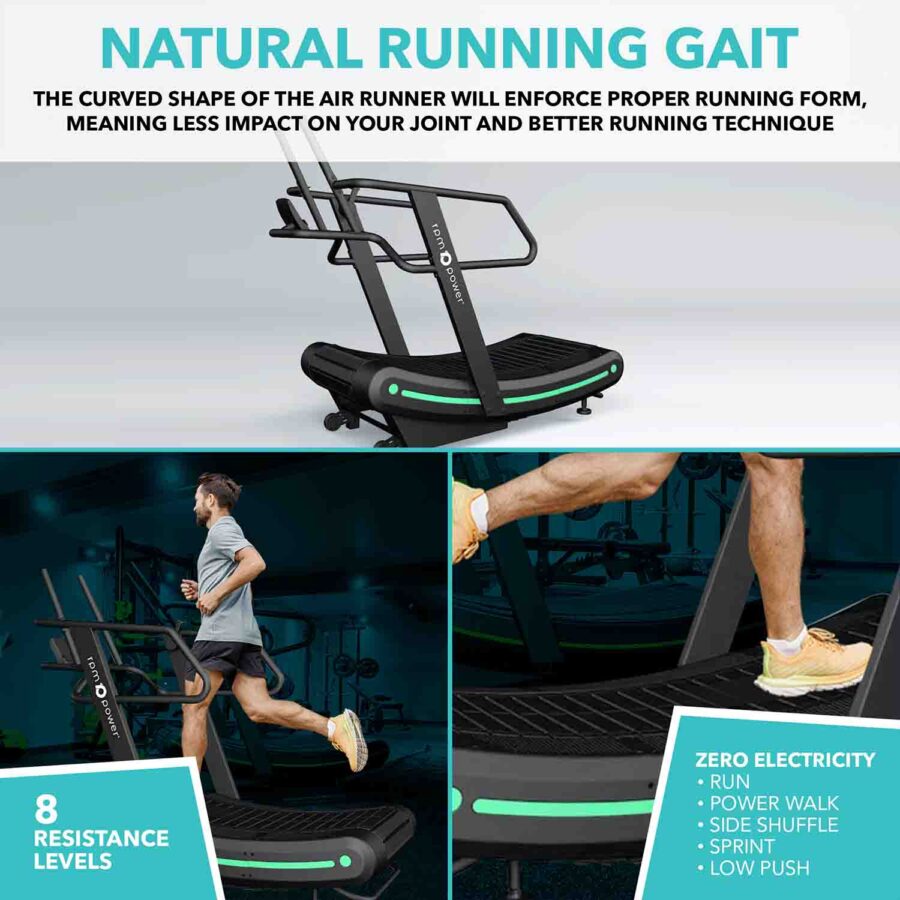 Man Running on Curved Treadmill Air Runner with descriptive text
