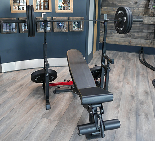 weights bench and squat rack set