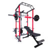 power rack home gym with weight bench, power rack, barbell and weight plates.