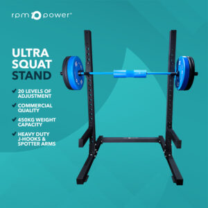 Commercial Grade Squat Rack with weight plates and barbell