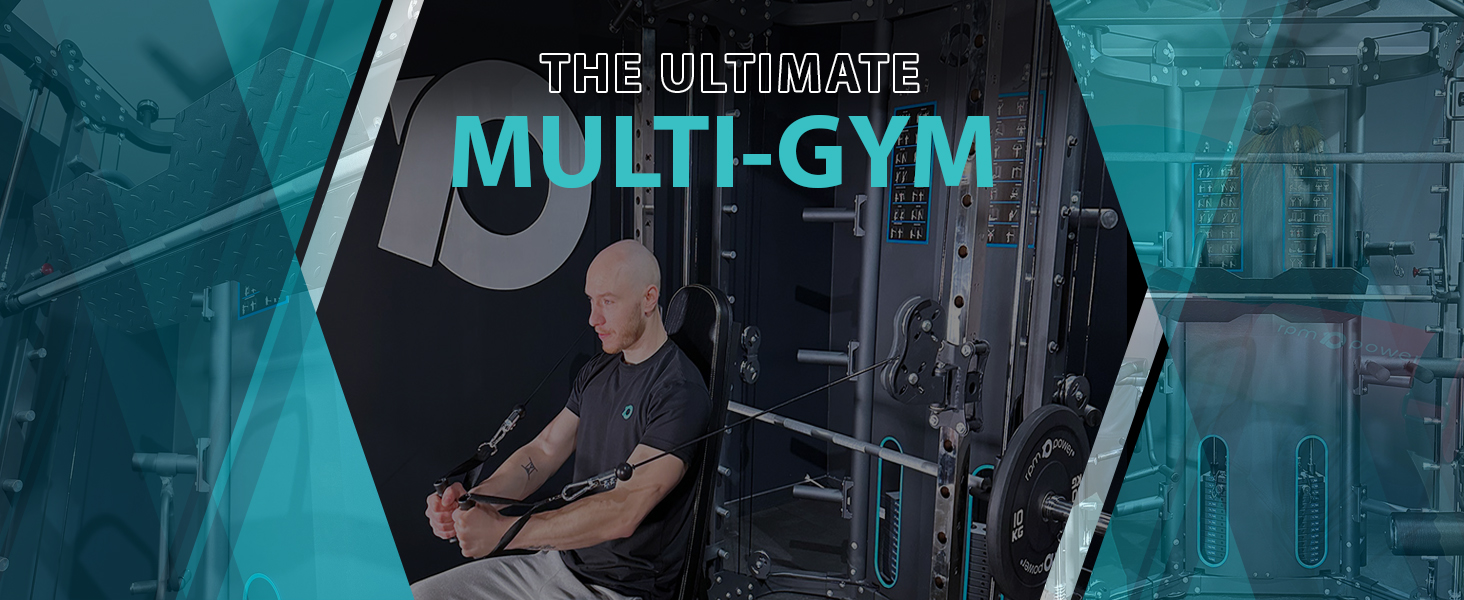 man using home gym to perform cable rows with headline text that says "THE ULTIMATE MUILI-GYM"