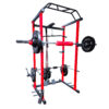 Red Squat Rack Home Gym Bundle with Barbell, hip thrust pad and weight plates