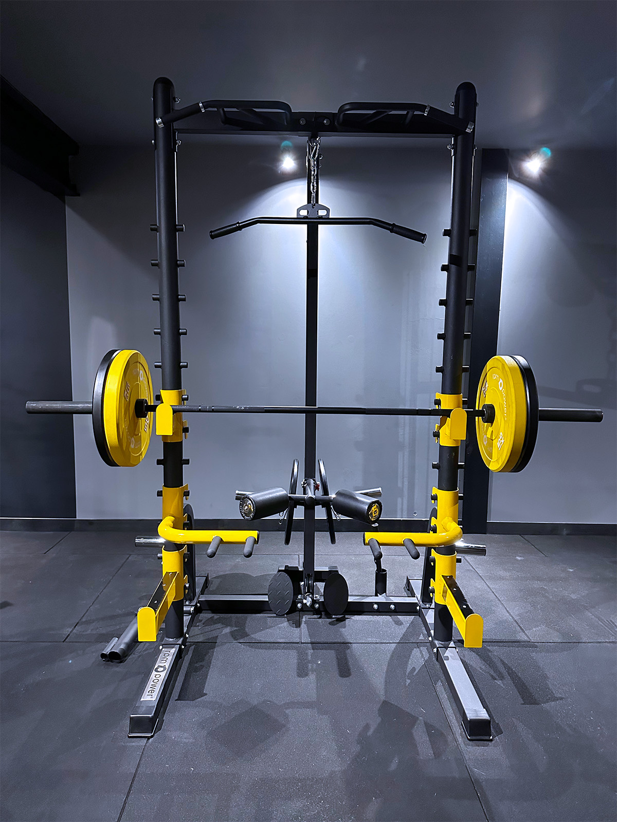 Yellow Home Gym Squat Rack with Barbell, Weight Plates, Lat Pulldown, Row