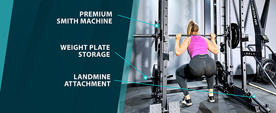 Woman squatting on Home Gym Multi Rack with Cable Pulley and Smith Machine