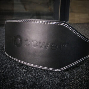 Close up of the front logo of the RPM Power weightlifting belt