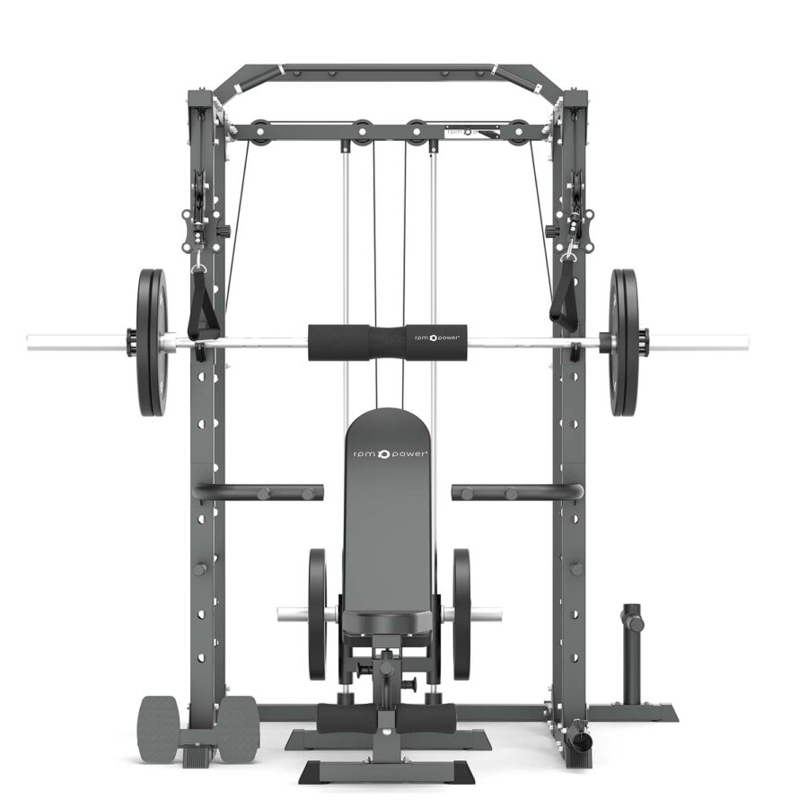 Squat Rack with Weight Bench, Weight Plates, Barbell and Cable Machine