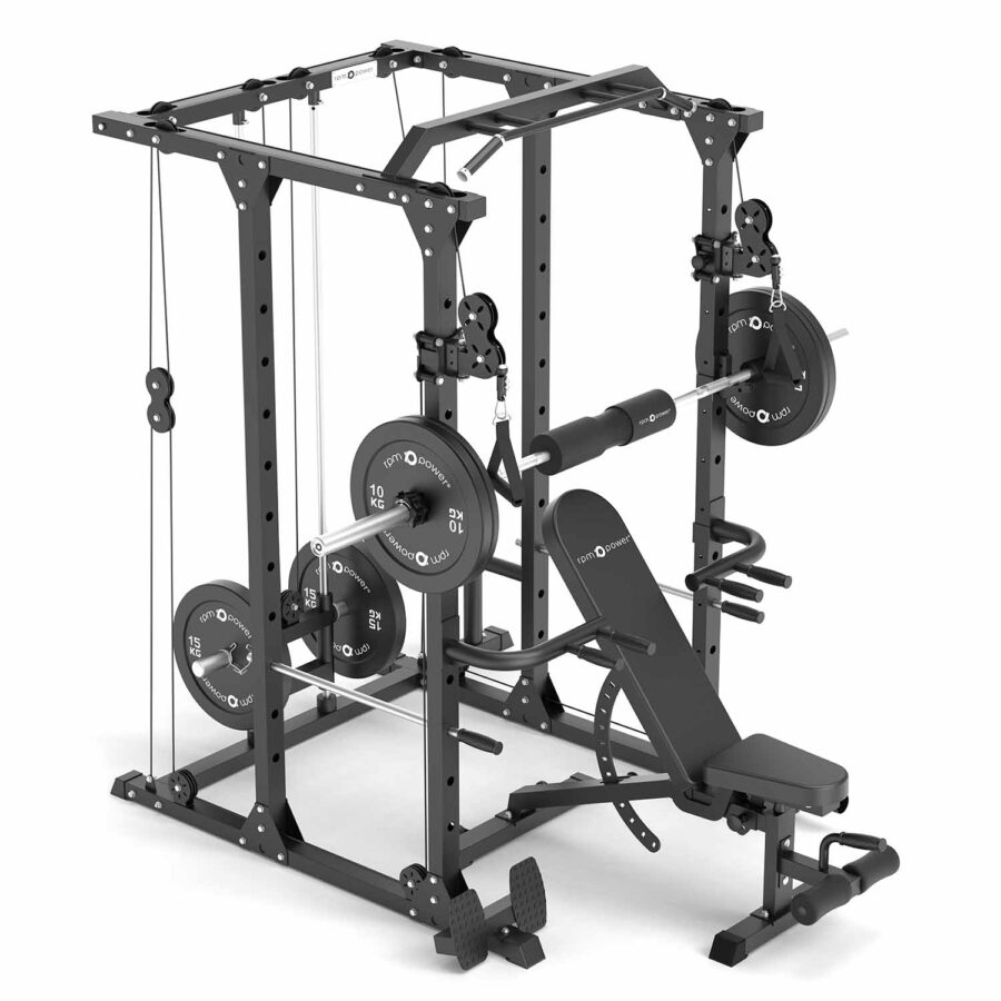 Squat Rack with Weight Bench, Weight Plates, Barbell and Cable Machine