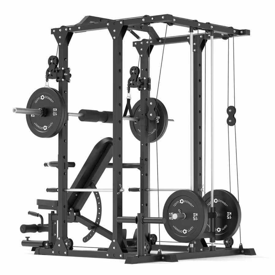 Squat Rack with Weight Bench, Weight Plates, Barbell and Cable Machine