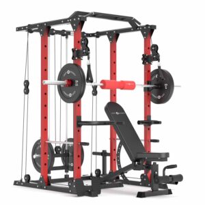 Squat Rack with Weight Bench, Weight Plates, Barbell and Cable Machine