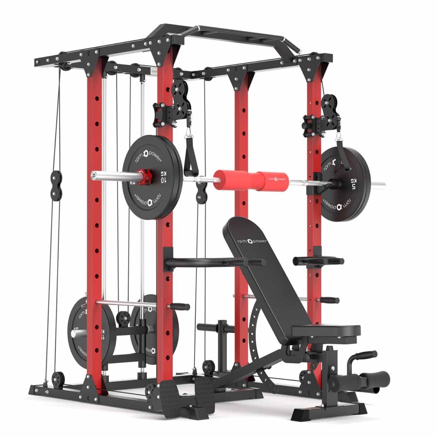 Squat Rack with Weight Bench, Weight Plates, Barbell and Cable Machine