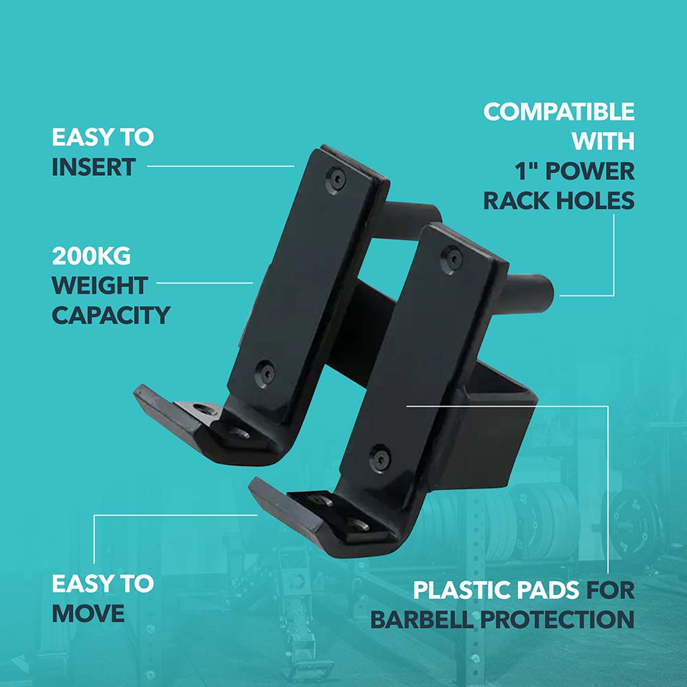 j-hooks pair, with features EASY TO INSERT, COMPATIBLE WITH 1" POWER RACK HOLES, PLASTIC PADS FOR BARBELL PROTECTION, EASY TO MOVE, 200KG WEIGHT CAPACITY