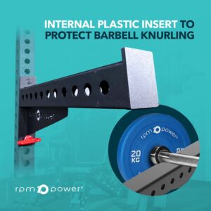 Spotter Arms with Barbell, text says internal plastic insert to protect barbell knurling