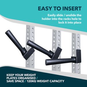 Weight Plate Holder Rack with power rack and text describing easy to insert and 120kg weight capacity