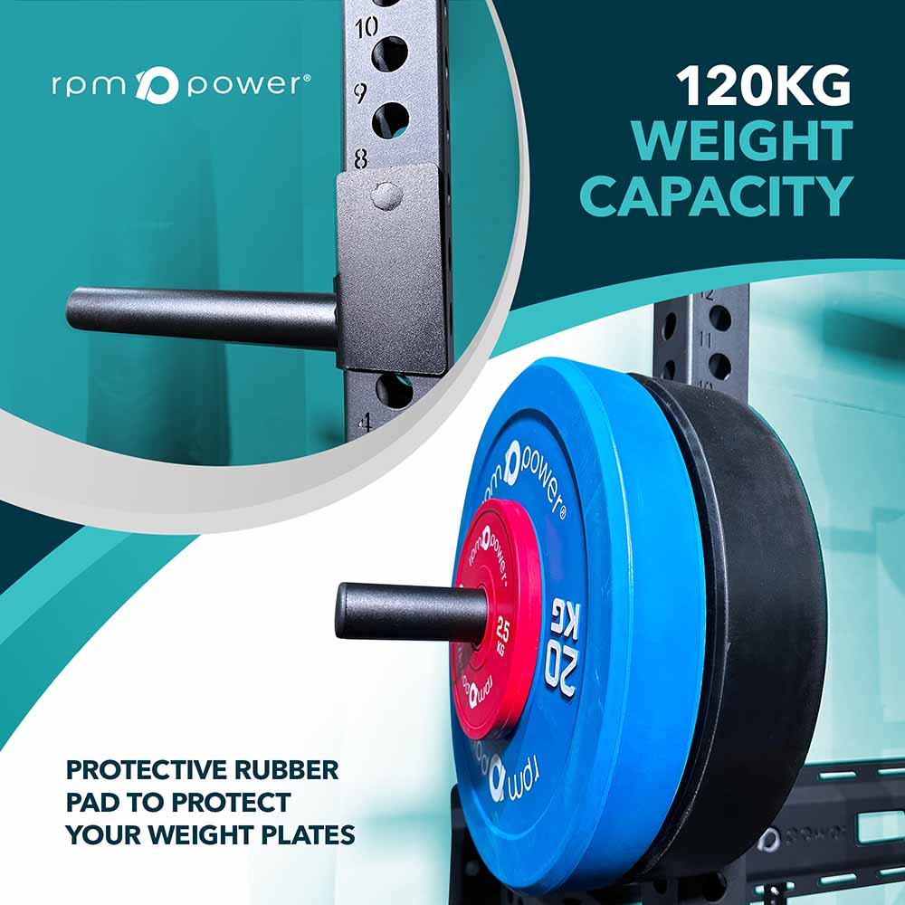 Weight Plate Holder Rack with power rack and text describing easy to insert and 120kg weight capacity
