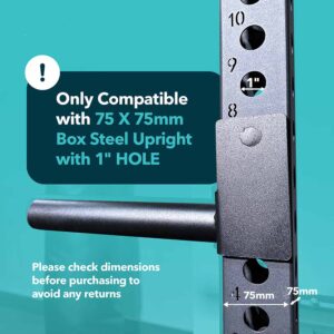 Weight Plate Holder Rack with power rack and text describing how the weight plate attachments are only compatible with 75 x 75mm Boxed Steel Uprights