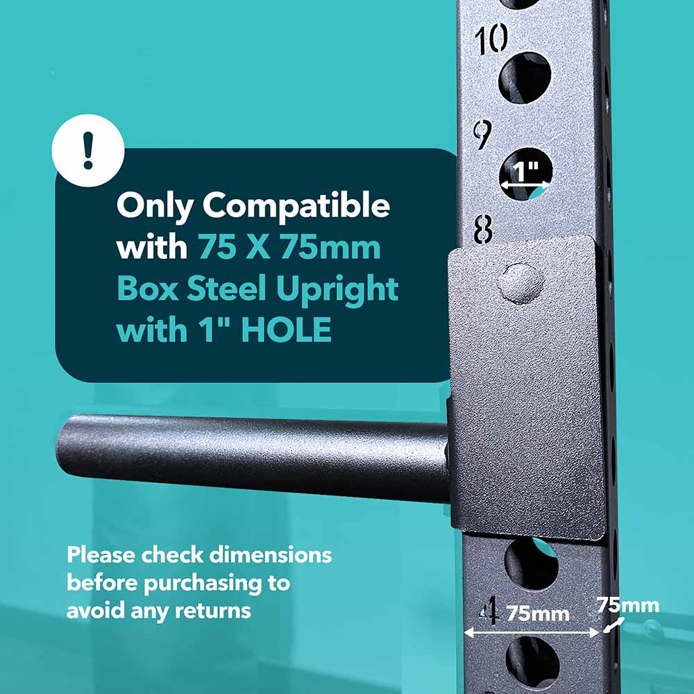 Weight Plate Holder Rack with power rack and text describing how the weight plate attachments are only compatible with 75 x 75mm Boxed Steel Uprights