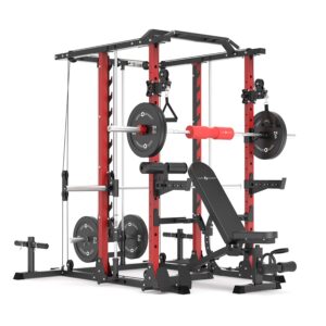 Red Rack V2 With Smith Rail, Weight Bench, Weight Plates, Barbell and Cable Attachments