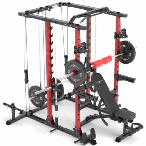 Red Rack V2 With Smith Rail, Weight Bench, Weight Plates, Barbell and Cable Attachments