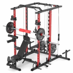 Red Rack V2 With Smith Rail, Weight Bench, Weight Plates, Barbell and Cable Attachments