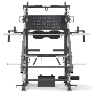 Multigym with Pull Up Bar, Jammer Arms, Smith Rail and Weight Stack, and leg press