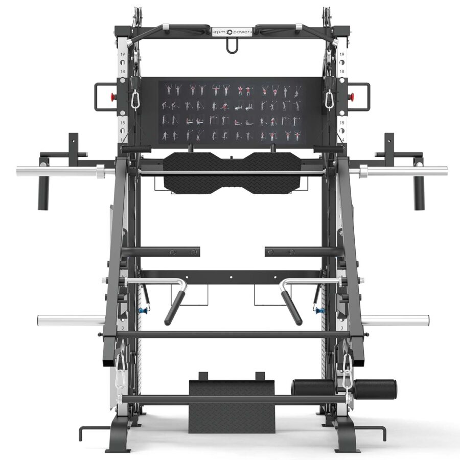 Multigym with Pull Up Bar, Jammer Arms, Smith Rail and Weight Stack, and leg press
