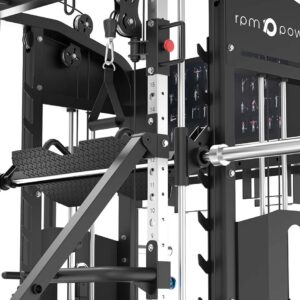 close up of multigym with smith bar and weight stack with leg press