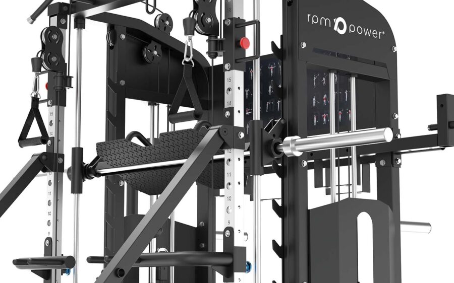 close up of multigym with smith bar and weight stack with leg press