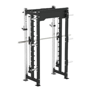 Power rack with cable weight stack, smith bar and pull-up bar