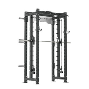 Power rack with cable weight stack, smith bar and pull-up bar
